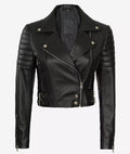 Premium Women’s Asymmetrical Black Cropped Moto Leather Jacket by USO in USA