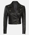 Premium Women’s Asymmetrical Black Cropped Moto Leather Jacket by USO in USA