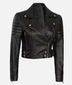 Stylish Women’s Asymmetrical Black Leather Moto Jacket, Cropped Fit by USO in USA