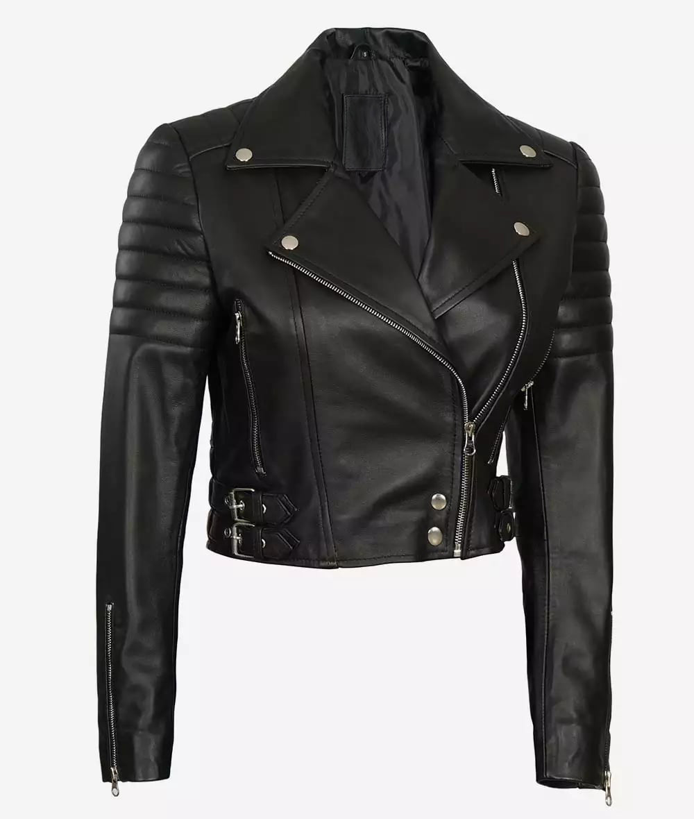 Stylish Women’s Asymmetrical Black Leather Moto Jacket, Cropped Fit by USO in USA