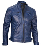 Side View of Men's Blue Wax Leather Café Racer Jacket in American style