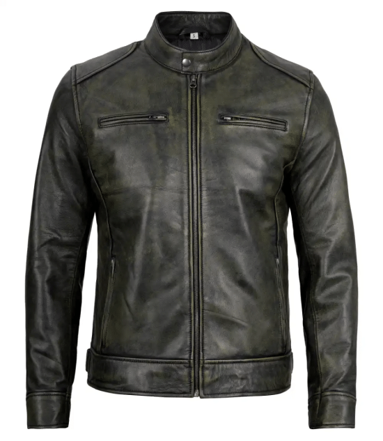 Durable black waxed leather jacket for men with Dodge design in USA