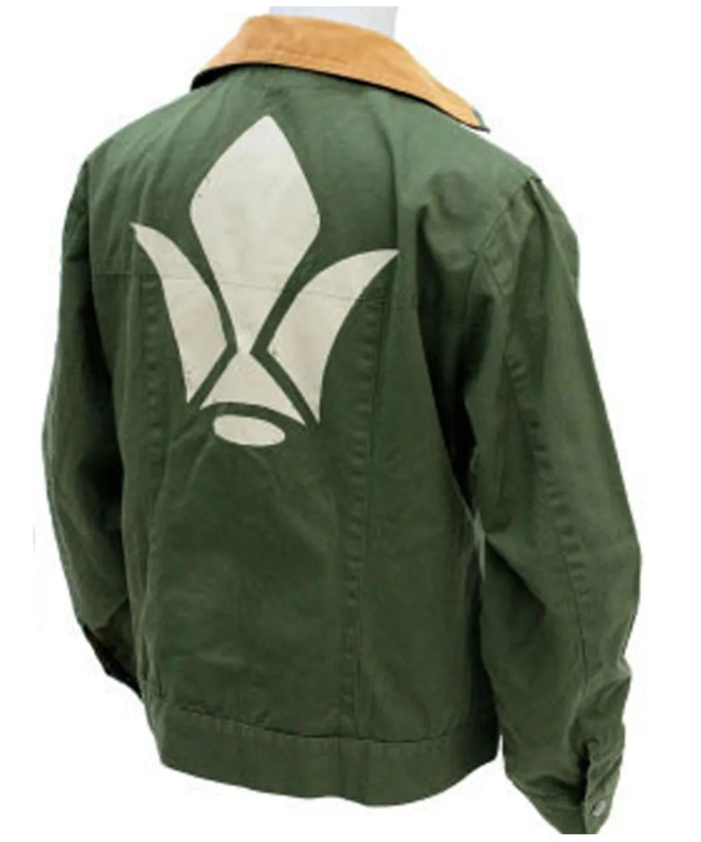 An olive green jacket with a tan collar, shown from the back. It features a large white fleur-de-lis style.