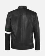 black leather jacket with zip closure
