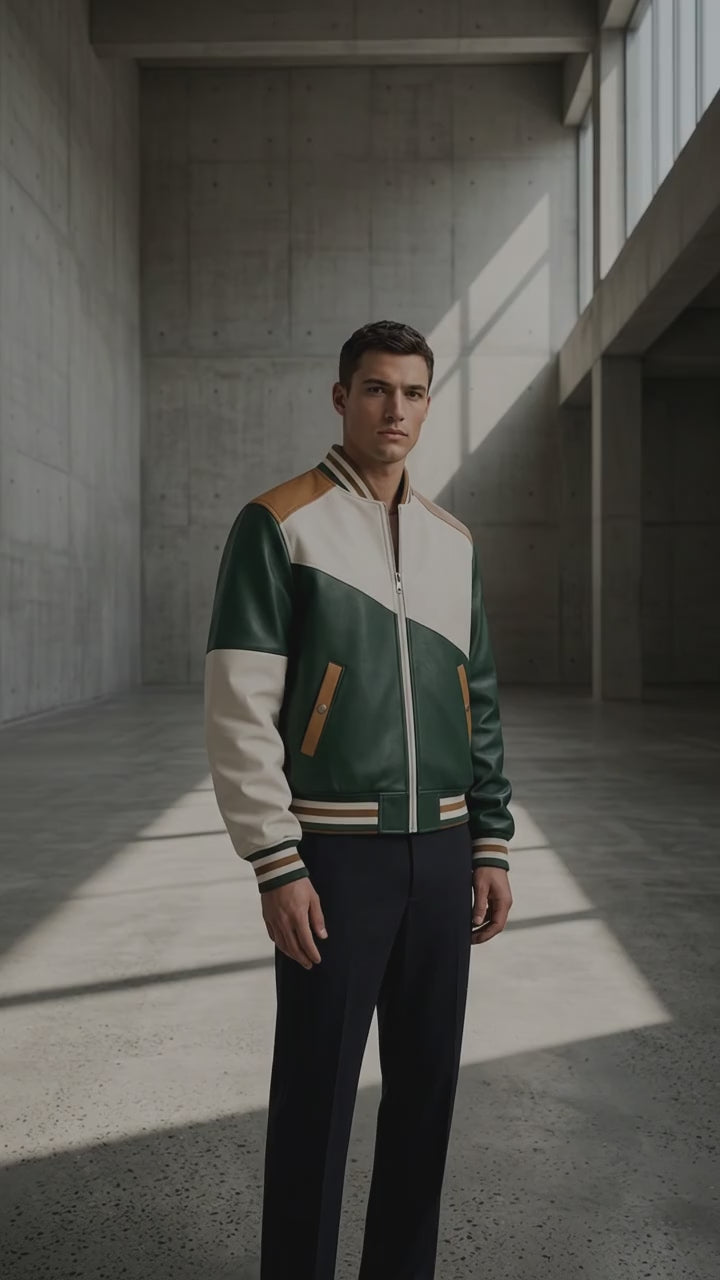 Men's Green Varsity Genuine Leather Bomber Jacket