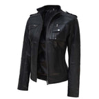 Stylish women's black leather jacket in United state market