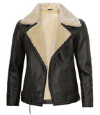 Men's fur-lined leather jacket with front zipper in US