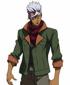 An style male character with spiky white hair and a visor, wearing an olive green jacket with orange-brown lining, a dark red scarf, and gray pants, shown against a plain white background.