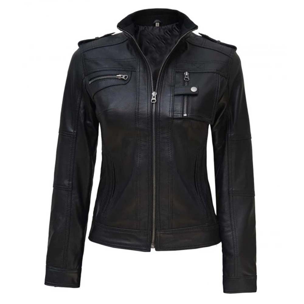 Real leather black cafe racer jacket for women in France style