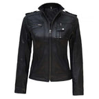 Real leather black cafe racer jacket for women in France style