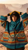 A male wearing a vibrant turquoise fleece hooded poncho with a Southwestern geometric pattern in orange, blue, and beige, paired with a matching scarf and a black cap.